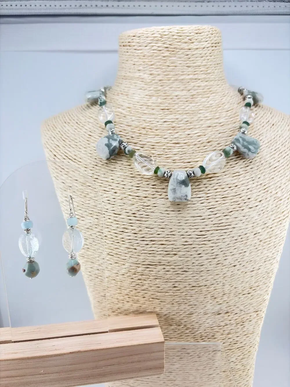 Handmade Green Jasper and Clear Quartz Statement Necklace and Earring Set